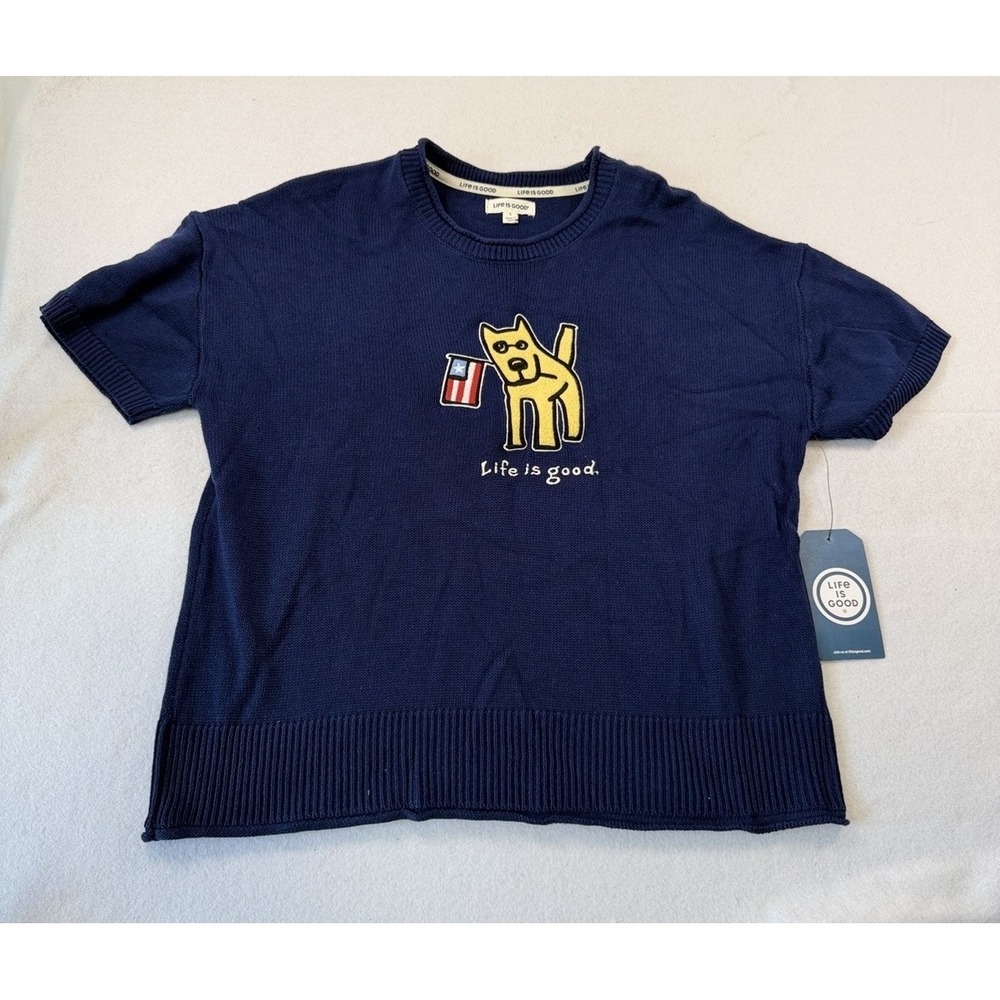 Life Is Good Sweater Happy Dog Patriotic Short Sleeve Knit Polo Womens Large New